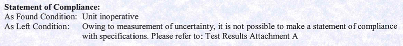 calibration statement of compliance - fail