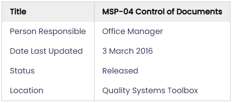 controlled document information in header