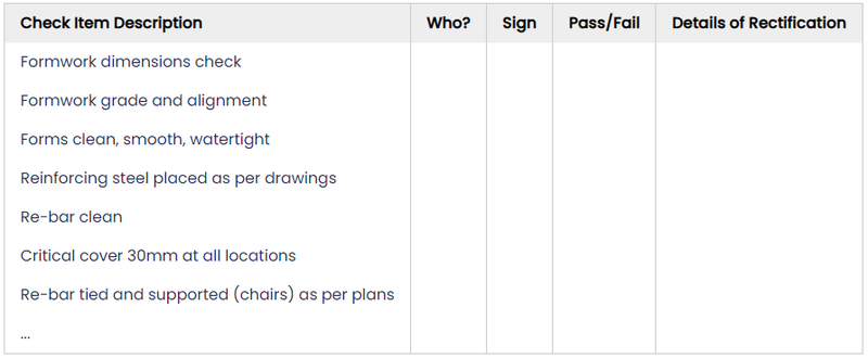 example checklist as part of an ITP